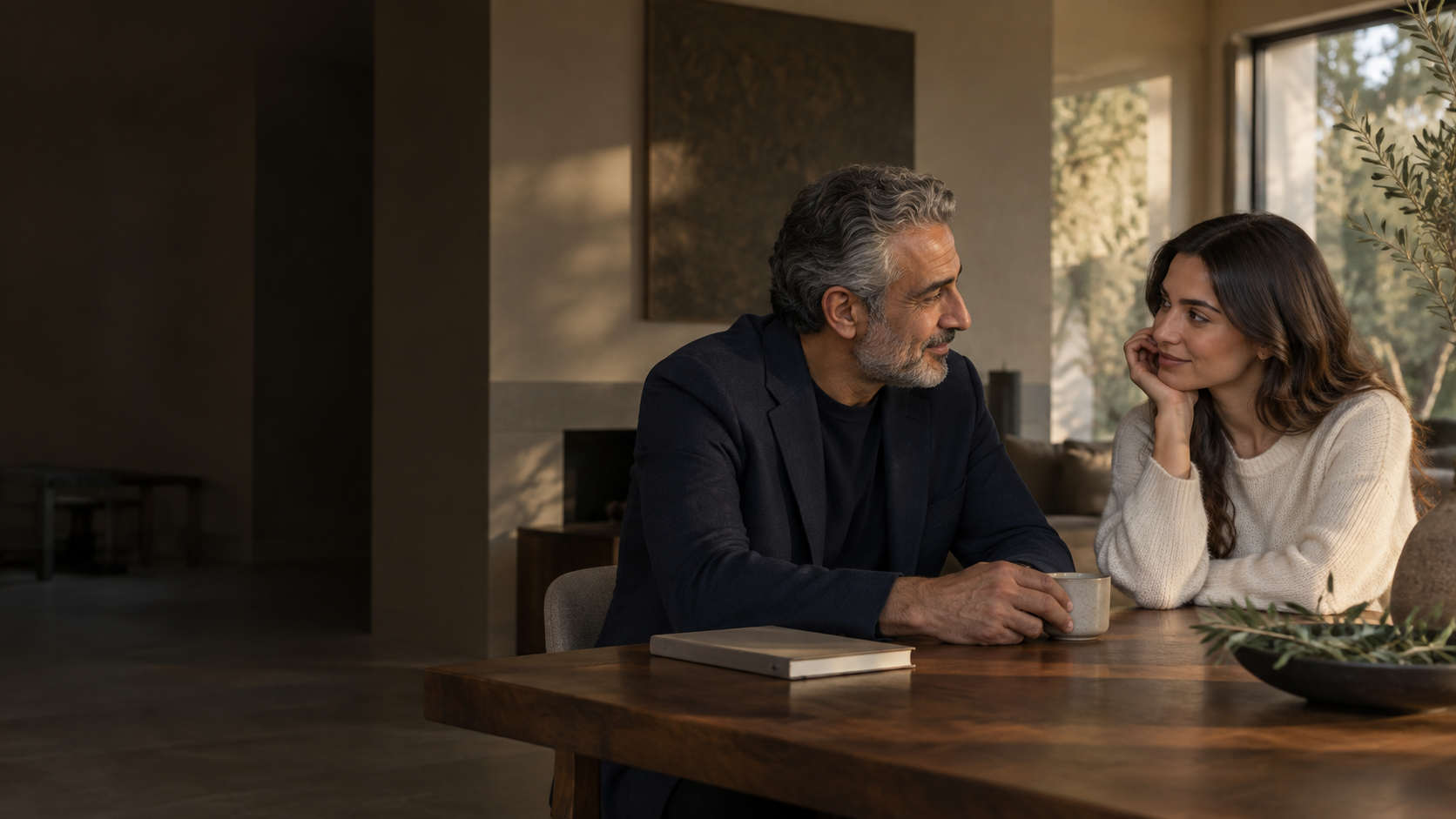 Imagen ilustrativa de un padre y su hija adulta conversando en casa