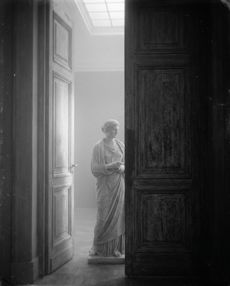 A classical figure standing at the threshold of an open doorway
