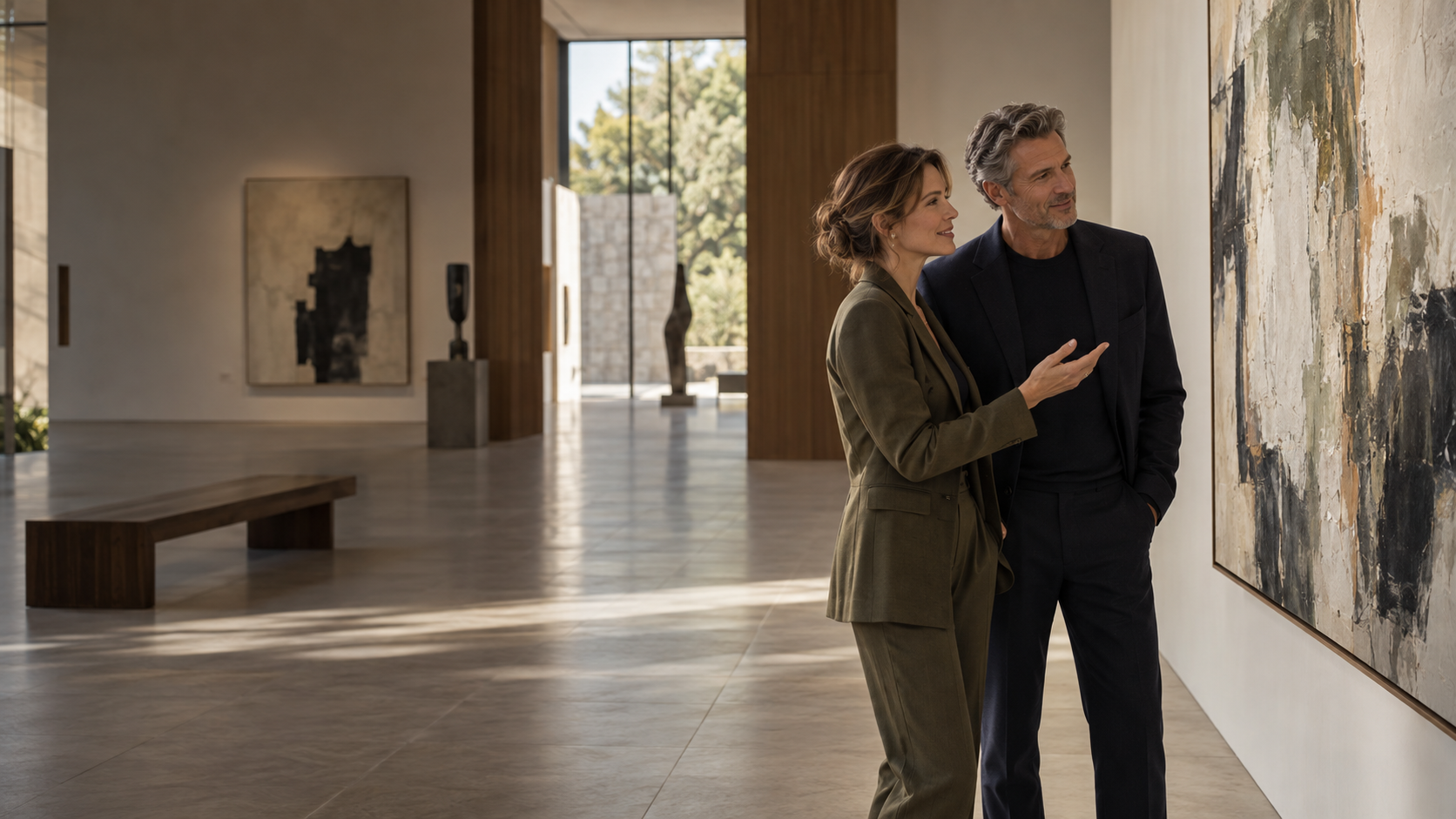 Illustrative couple enjoying a conversation in an art gallery