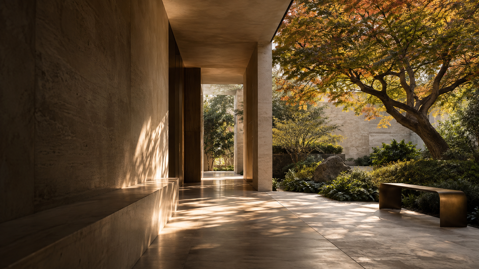 Conceptual architectural passage opening onto a private autumn garden