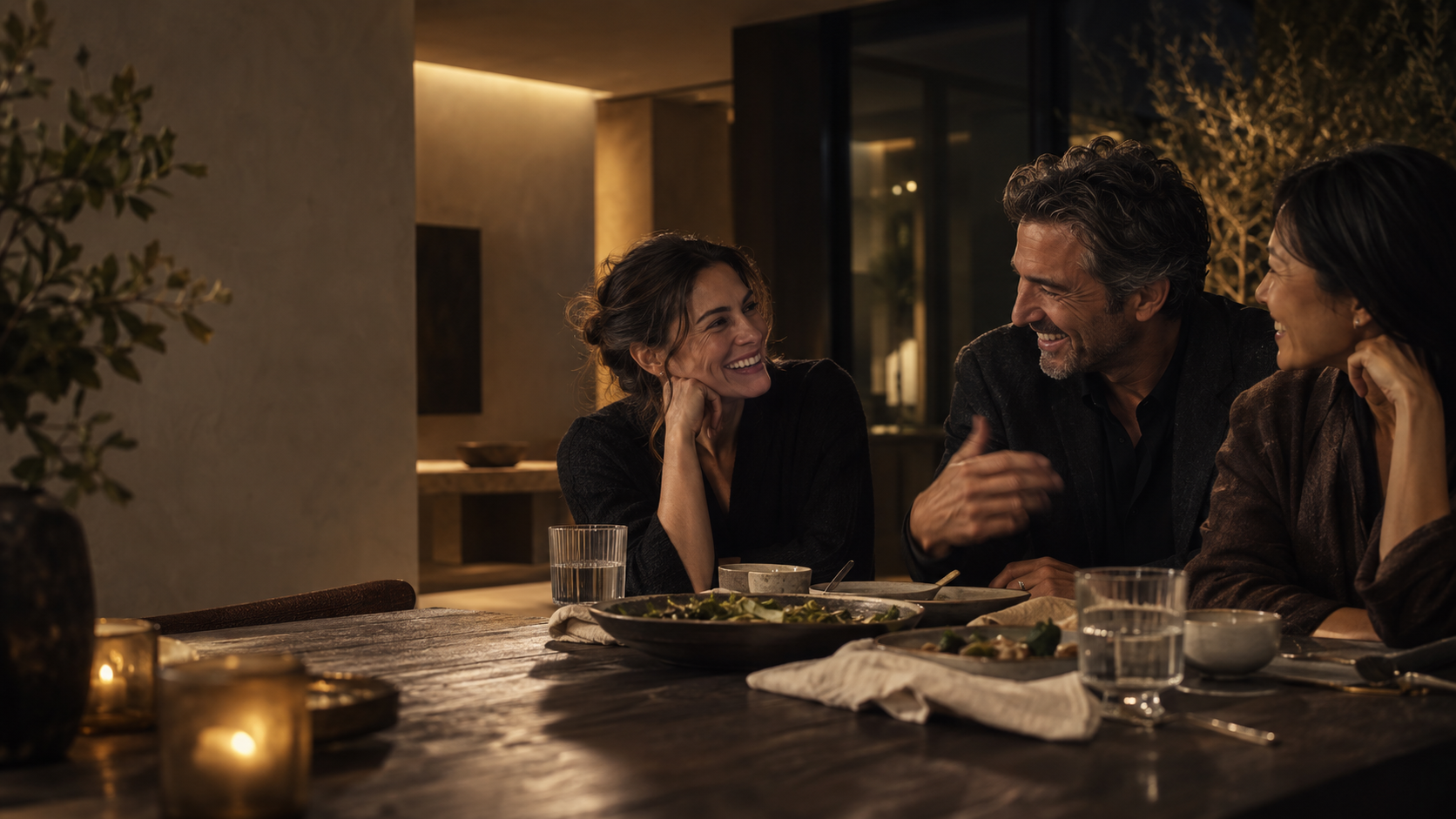 Illustrative friends sharing a candid dinner conversation