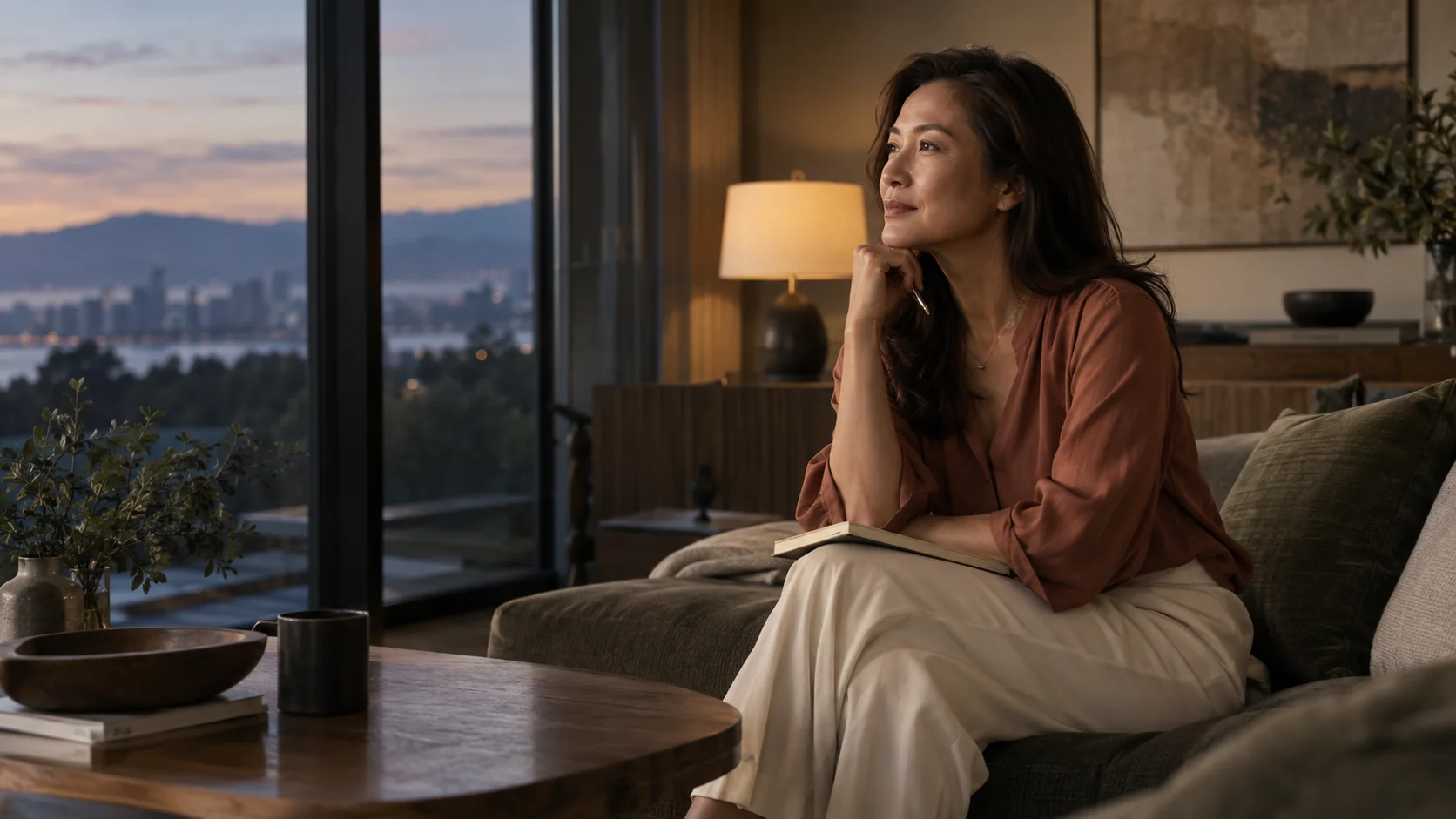 Illustrative woman reflecting before writing a note