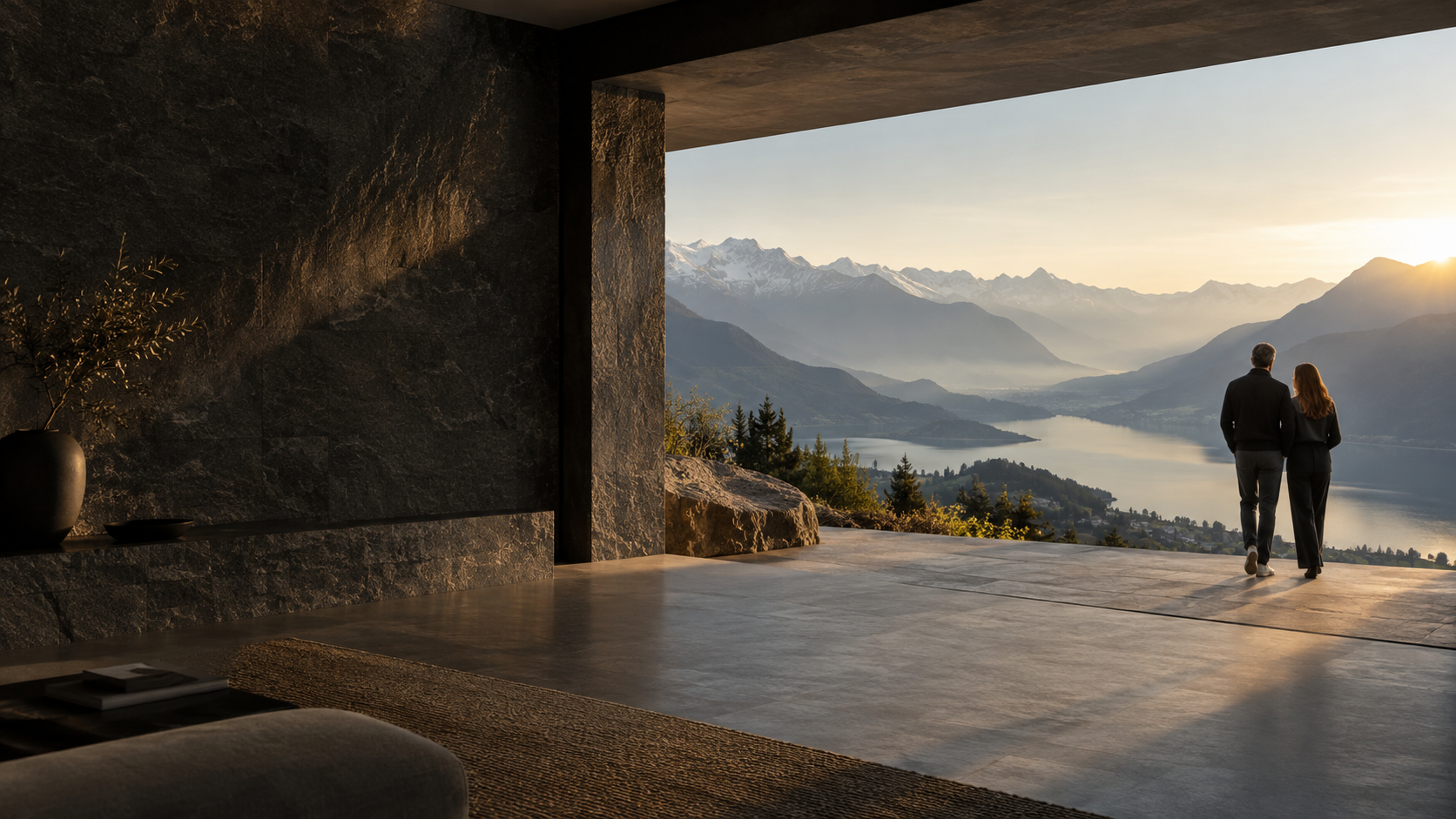 Conceptual architectural setting overlooking an alpine valley