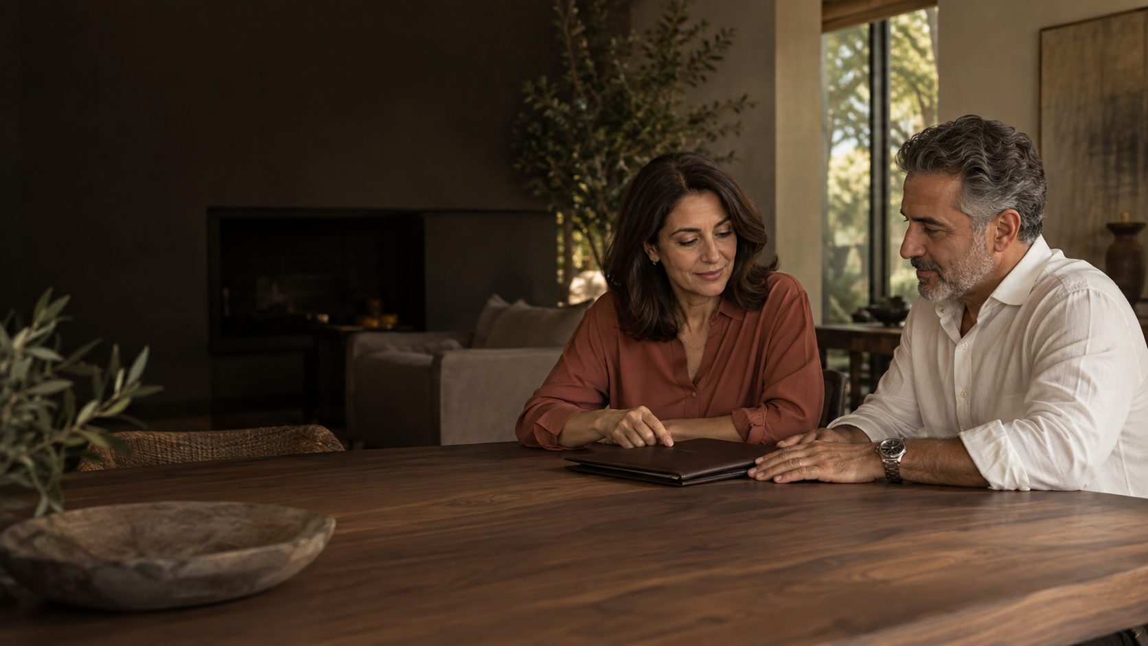 Illustrative couple considering practical arrangements at home