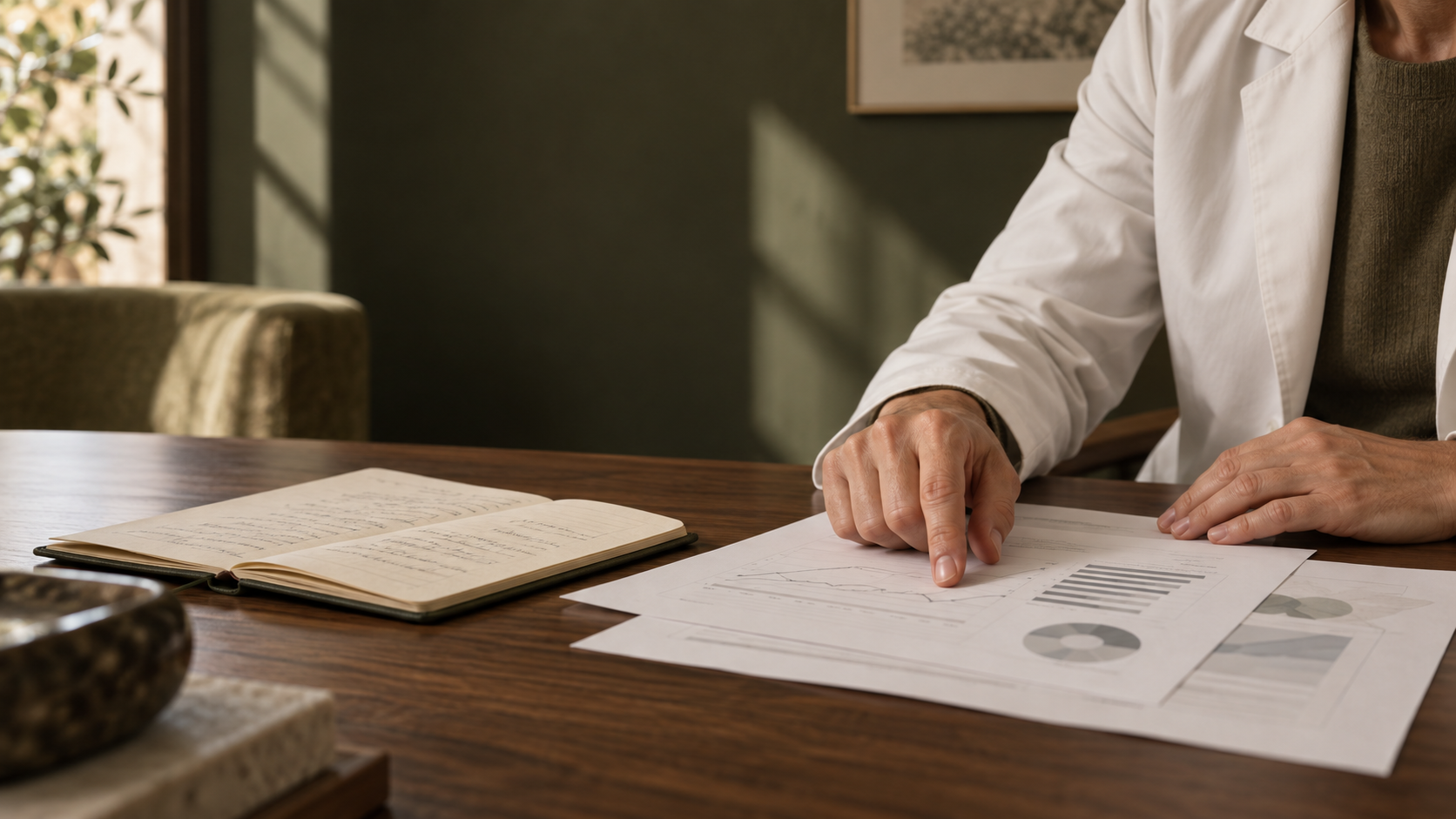 Imagen ilustrativa de una médica revisando informes y notas ficticios