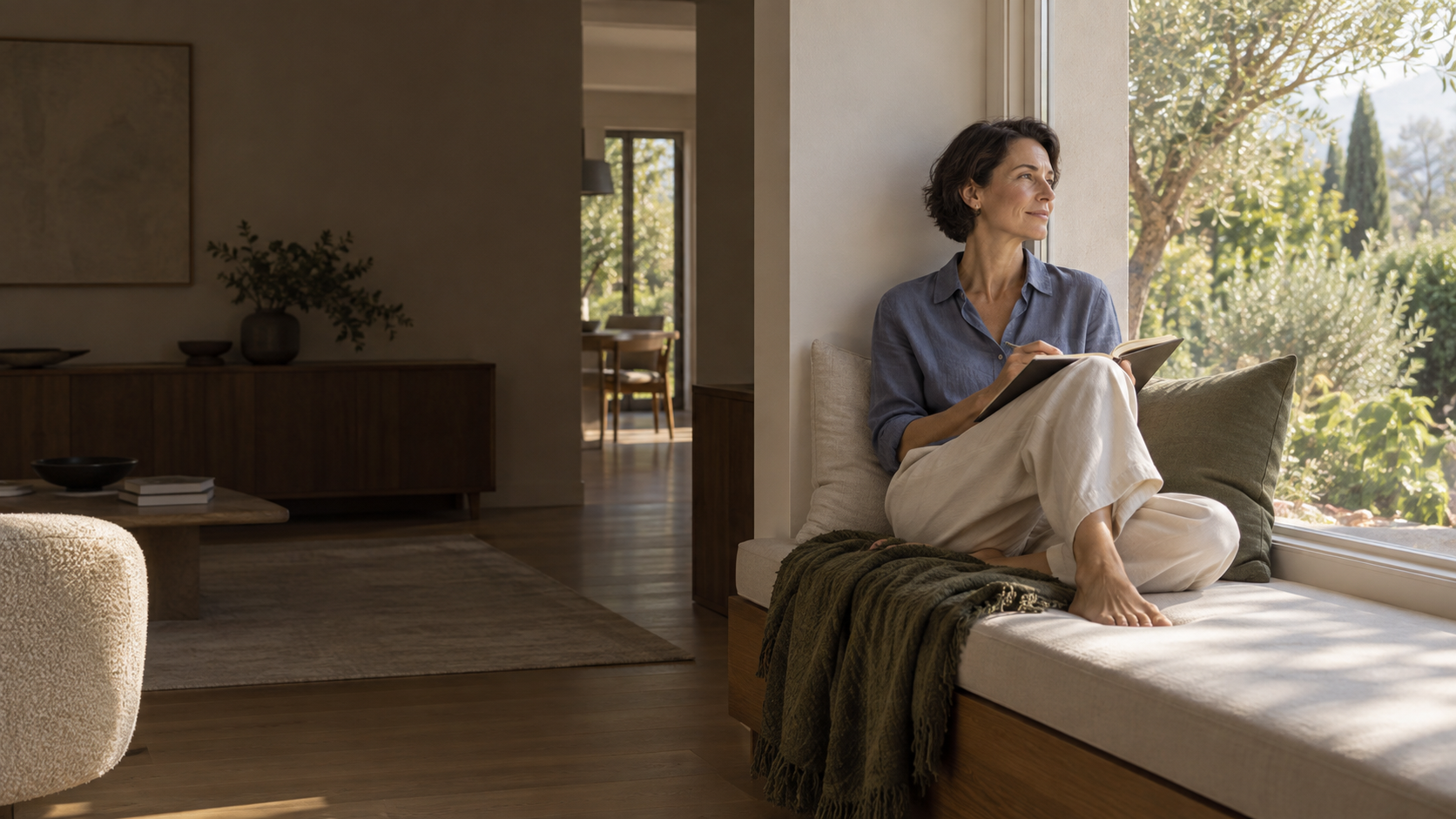 Imagen ilustrativa de una mujer reflexionando con un cuaderno en casa