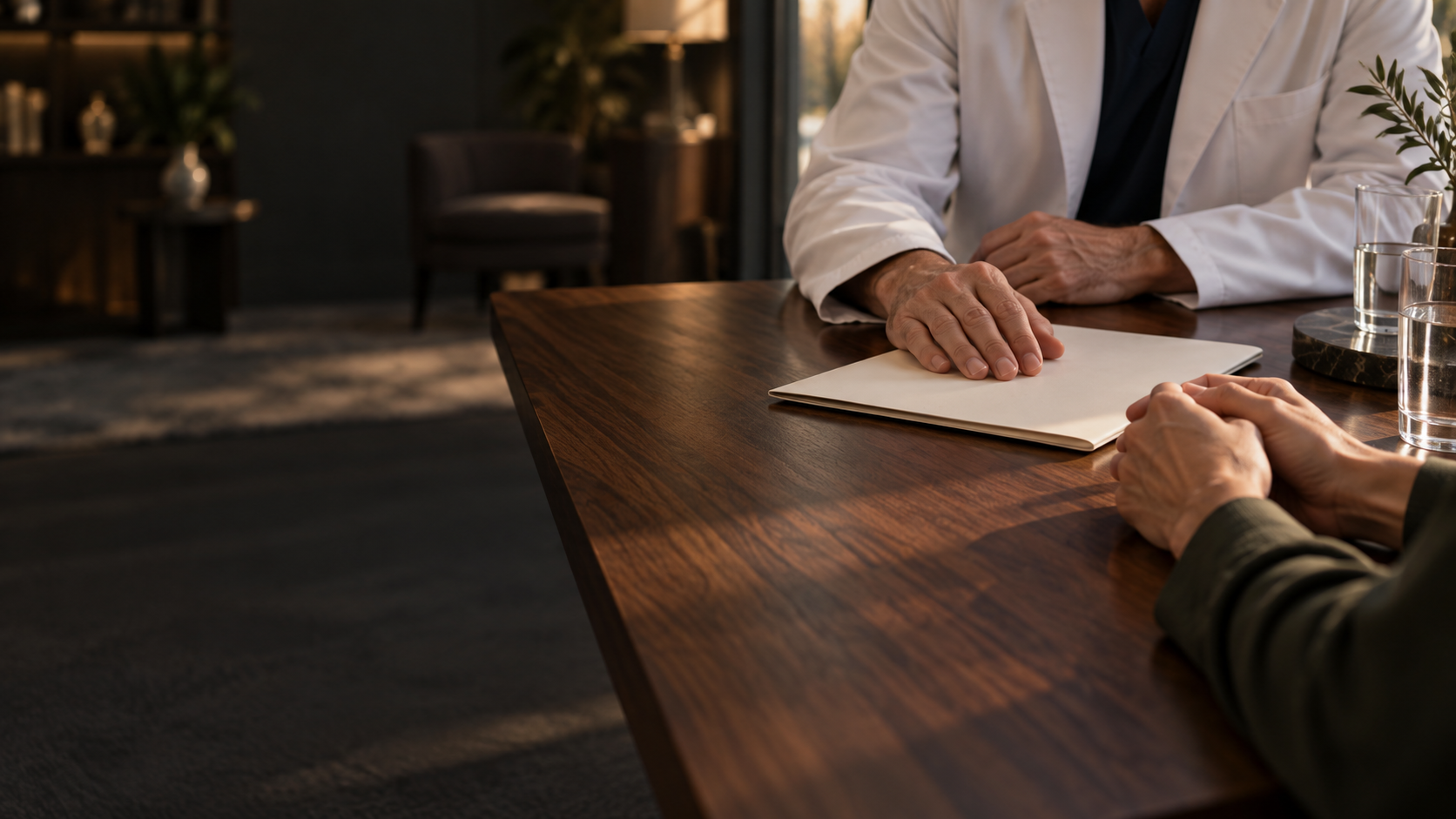 Detalles ilustrativos de una conversación tranquila en una mesa de consulta