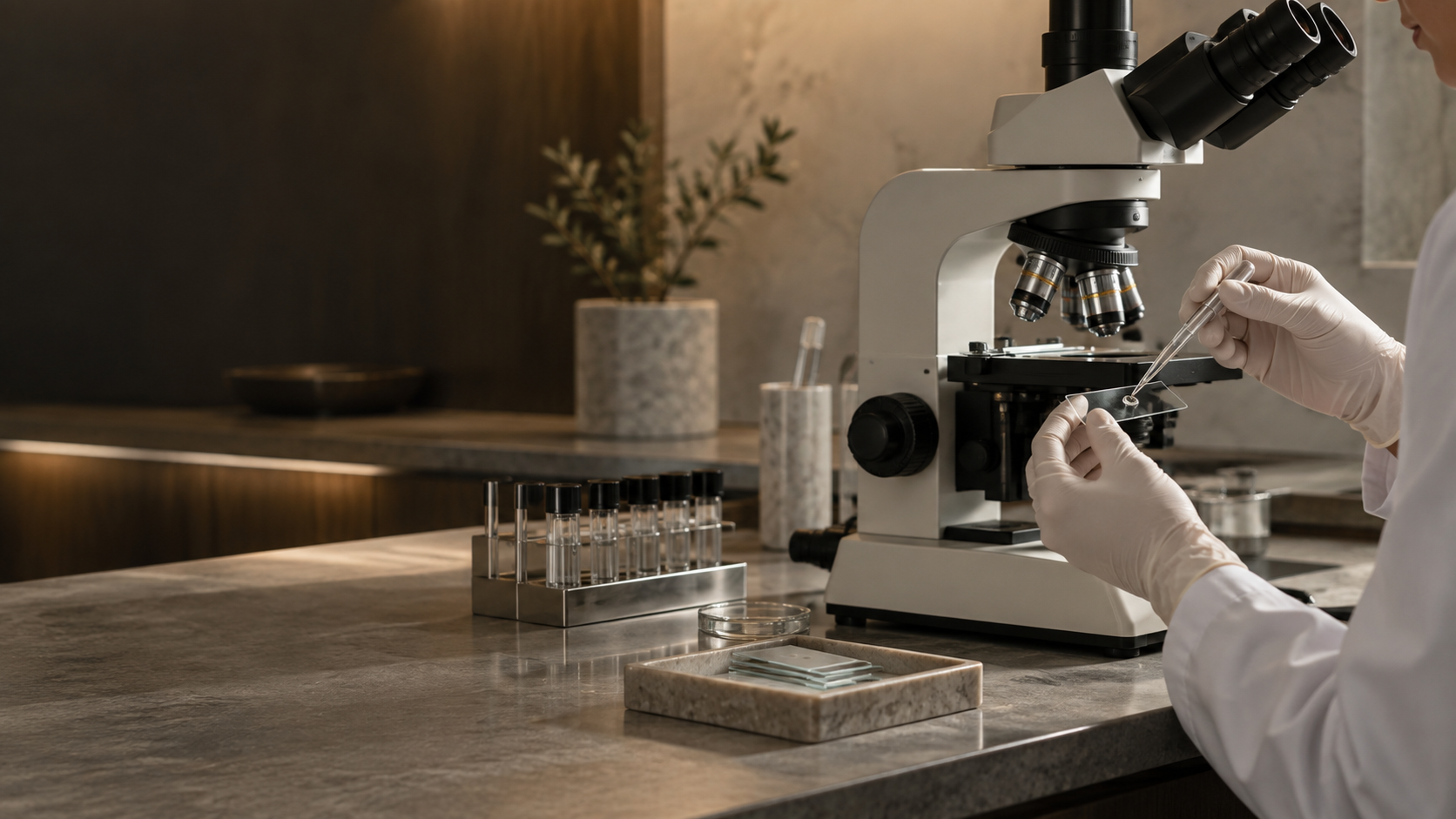 Imagen ilustrativa de un científico preparando una muestra para microscopio