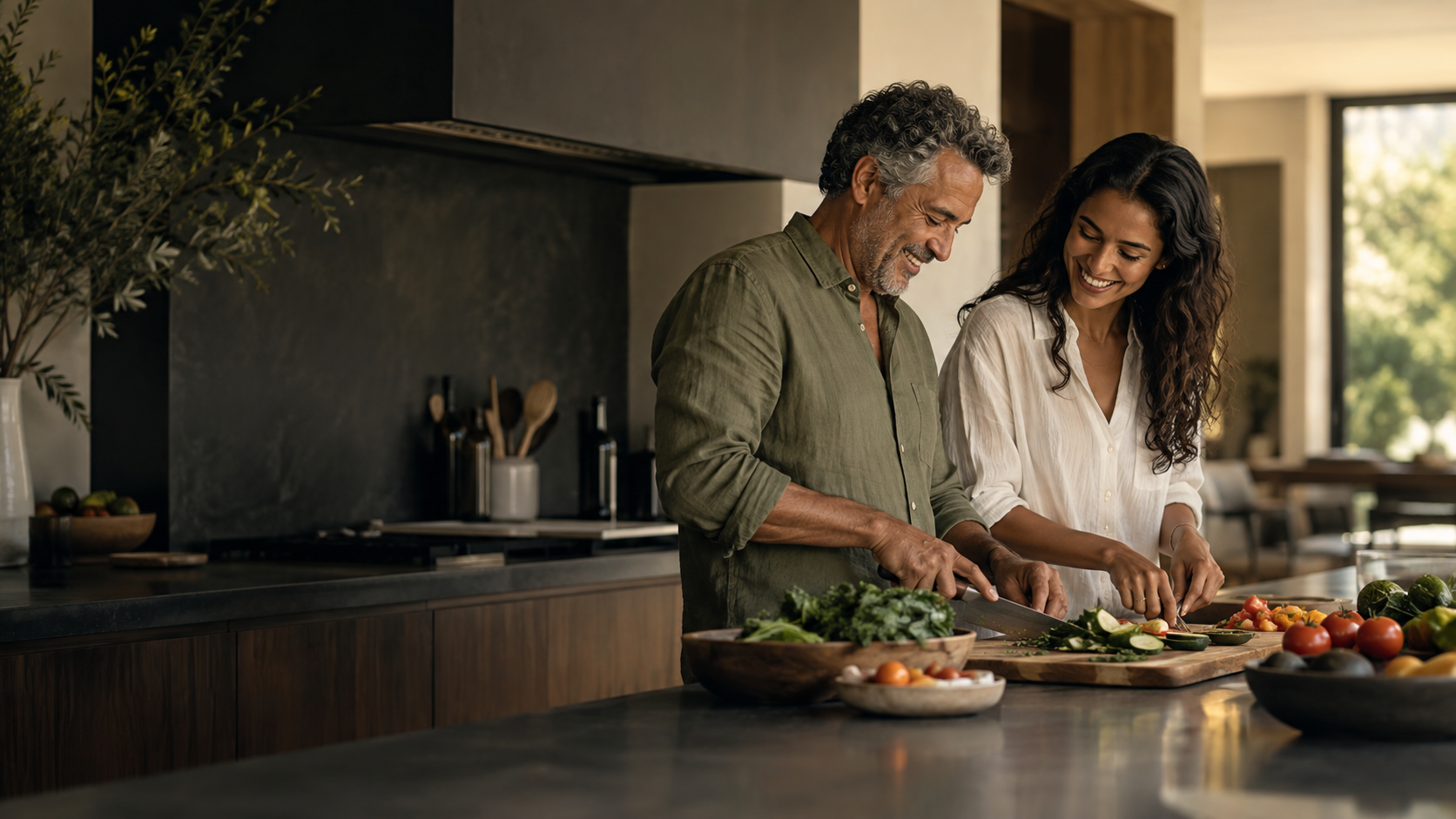 Imagen ilustrativa de un padre y su hija adulta preparando el almuerzo