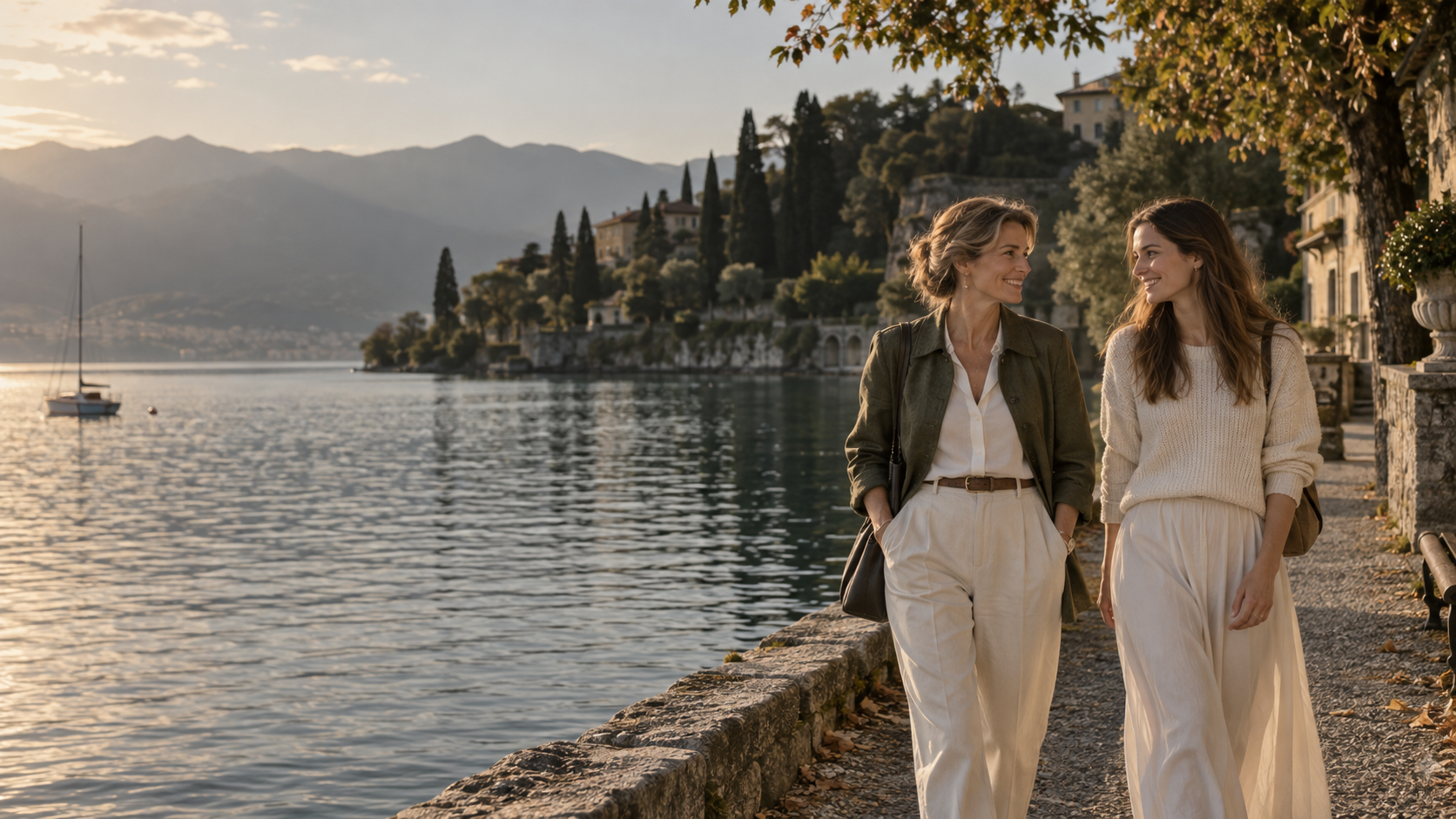 Imagen ilustrativa de una madre y su hija adulta paseando junto a un lago