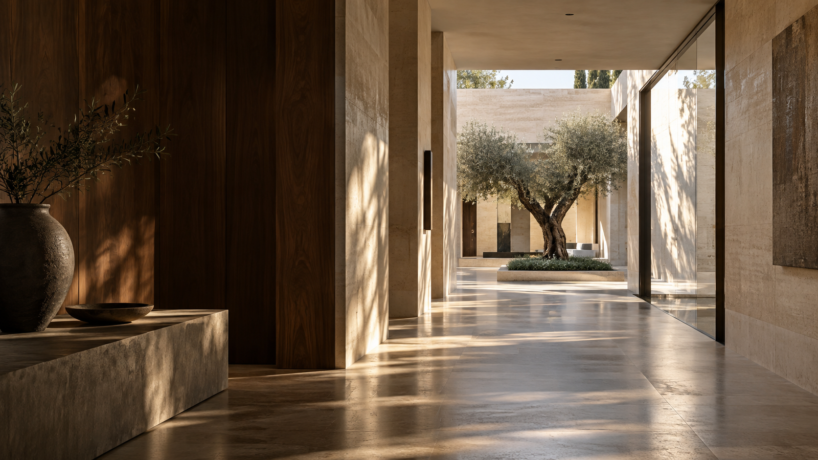 Pasaje arquitectónico conceptual que se abre a un patio
